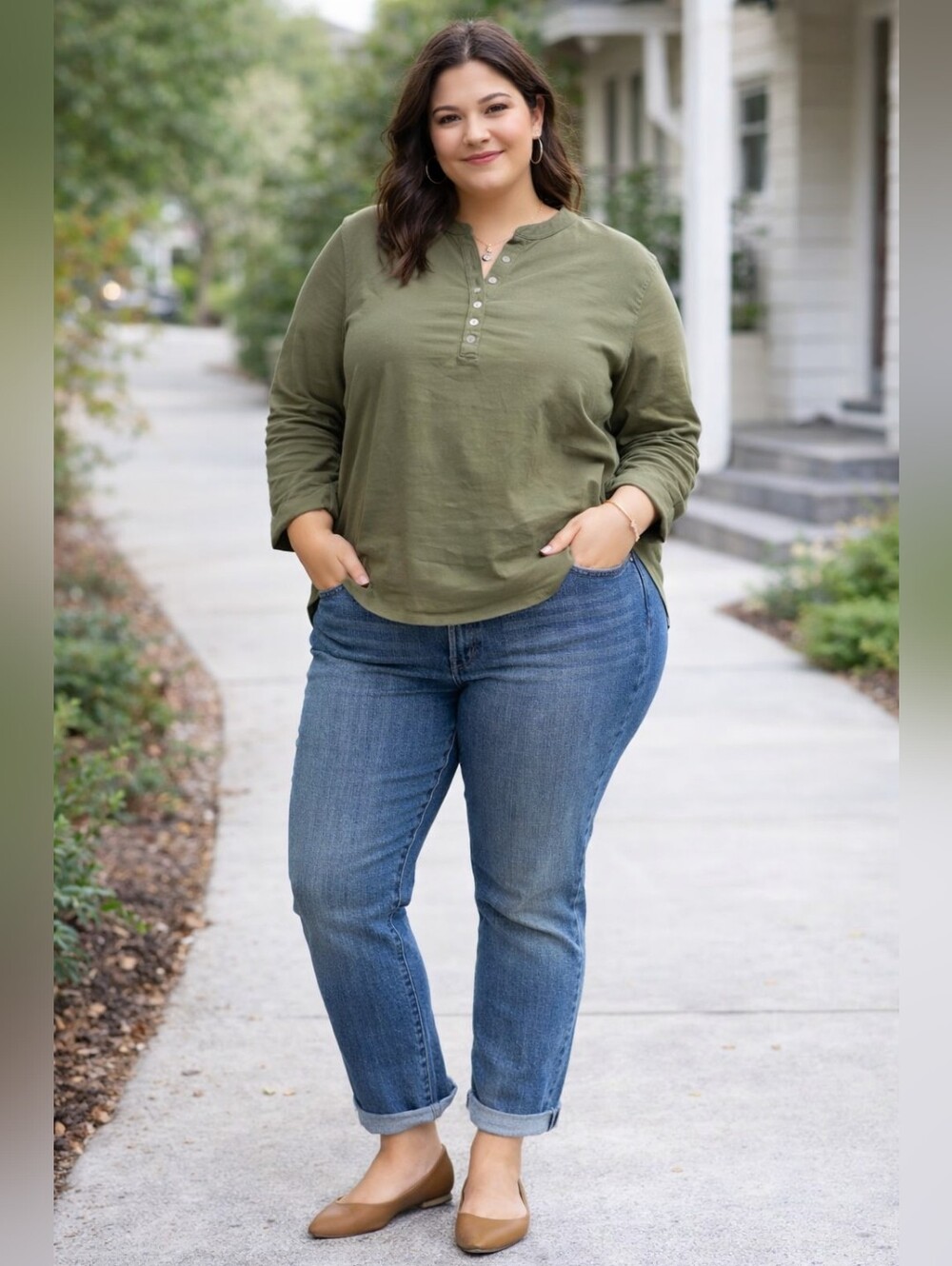Audate Olive Long Sleeve Linen Blend 3 Button Top New